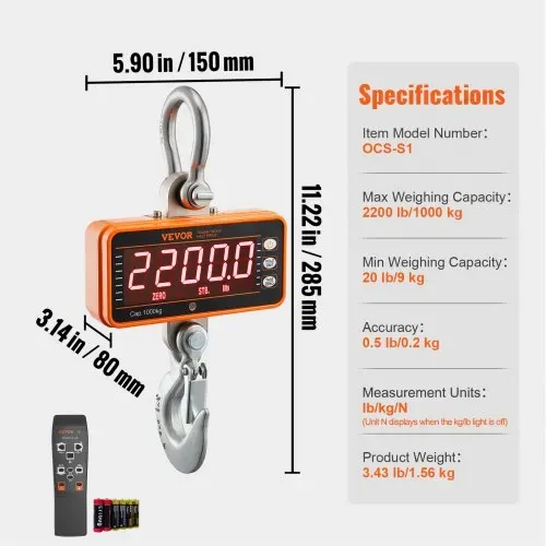 VEVOR Digitale Hängewaage 9 bis 1000kg Kranwaage lbs/kg/N Zugwaage 0,2kg Genauigkeit Wildwaage Industriewaage LED-Display Hängende Waage Mini tragbare Waage mit Fernbedienung 9 Funktionen – Bild 6