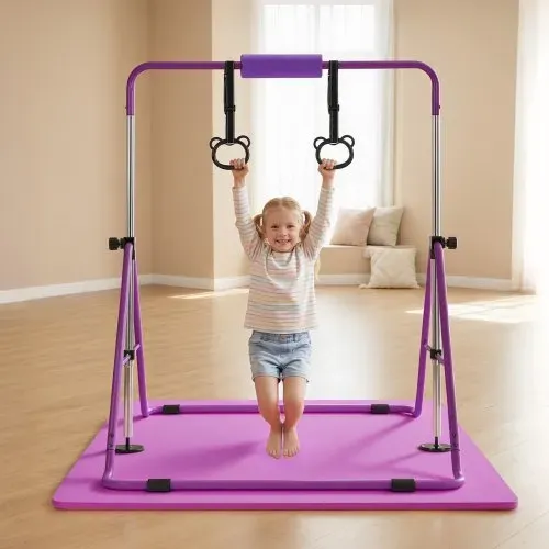 VEVOR Gymnastikstange für Kinder mit 63,5 kg Tragkraft, Klappbares Turnreck mit Matte, Höhenverstellbare Turnstange für Indoor- und Outdoor-Training, Heimtrainingsgerät für Kinderturnen zu Hause, Lila – Bild 7