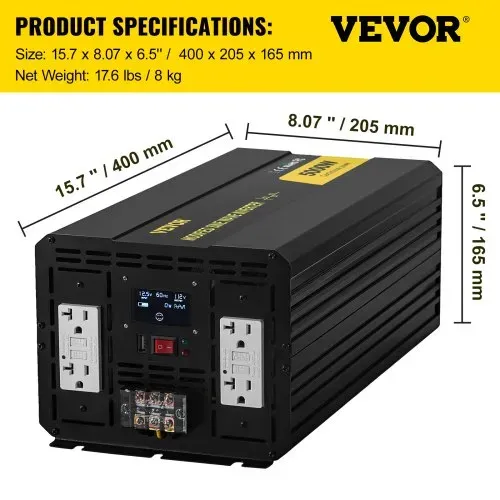 VEVOR Wechselrichter, 5000 W modifizierter Sinus-Wechselrichter, 12 V DC auf 110 V AC Fahrzeugadapter, mit LCD, Fernbedienung, LED-Licht & GFCI-Steckdosen für RV, LKWs, Boote & Outdoor-Adv – Bild 6