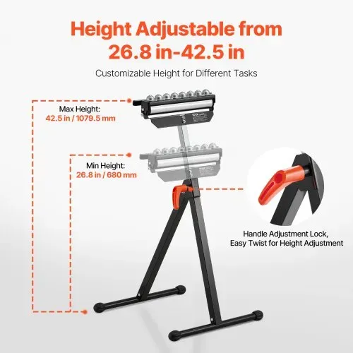 VEVOR 3-in-1 Rollenständer, 136 kg, 68–108 cm höhenverstellbar, Rollenbock mit 29,2 cm poliertem, multidirektionalem Rollenkopf, für Tischkreissägen-Auslauf, Holzbearbeitungs-Verlängerungsstütze – Bild 2
