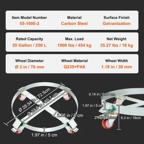 VEVOR 2x Fassroller 250L Transportroller Kohlenstoffstahl Rollbrett Innendurchmesser Ø 607mm Fasswagen mit 4 Universalrädern mit Bremsen Rollwagen Transportwagen zum Transport von Fass bis zu 454kg – Bild 6