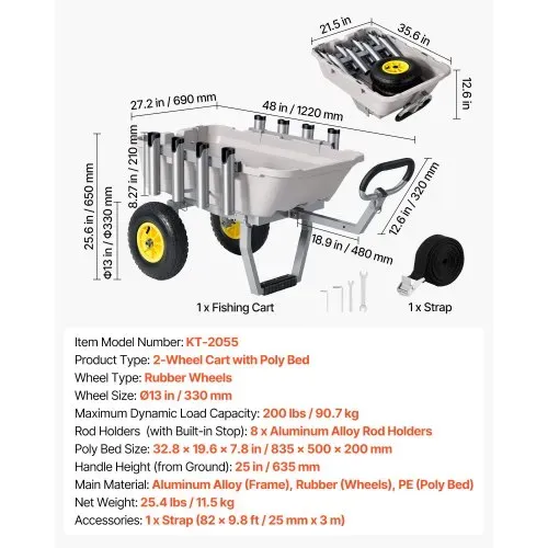 VEVOR Angelwagen Faltbar, 90,7kg Belastbarer Bollerwagen mit 2 All-Terrain-Gummireifen, Transportwagen mit Alugestell 8 Rutenhaltern, Multifunktionale Transportkarre für Angeln Camping Strand Outdoor – Bild 6