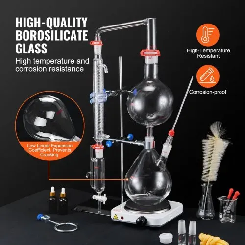 VEVOR Destillationsset für Ätherische Öle, 2000-ml-Destillationsgerät, 3,3-Boro-Laborglas-Destillationsset mit 1500-W-Heizplatte und 24-, 40-Verbindung, 28-teiliges Set – Bild 2