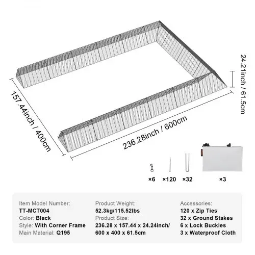 VEVOR Hühnertunnel, 600 x 400 x 61,5 cm, Hühnerstall für den Hof, tragbare Freilaufgehege für draußen mit Eckrahmen, 2 Sets, geeignet für Hühner, Enten, Kaninchen – Bild 6
