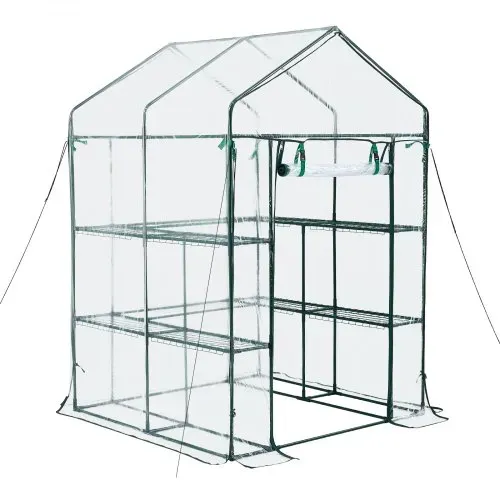 VEVOR Gewächshaus 137x137x196 cm, Foliengewächshaus, Tomatenhaus, Tomatengewächshaus mit PVC-Abdeckung, 2 Ebenen, 10 Regalböden, Aufrollbarer Reißverschlusstür, Treibhaus für Außenbereich – Bild 10