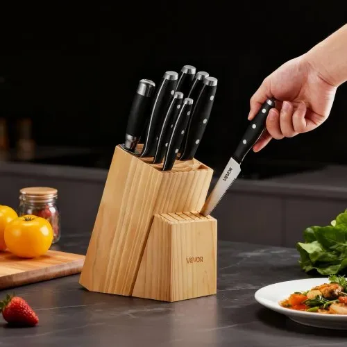 VEVOR Küchenmesserset mit Messerblock (Holz) & Wetzstahl, 15-tlg. Messerset, Messer aus hochkohlenstoffhaltigem Edelstahl, Küchenbesteck mit ergonomischem Griff & Küchenschere für Hobbyköche – Bild 7