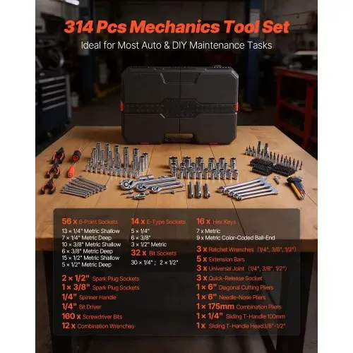 VEVOR 314 tlg. Steckschlüsselsatz Ratschenkasten mit 1/4 3/8 1/2 Zoll, Knarrenkasten mit Umschaltknarre Ratschen Steckschlüssel Bitsatz, Universalles Werkzeugset für Täglichen Reparaturen Heimwerken – Bild 2