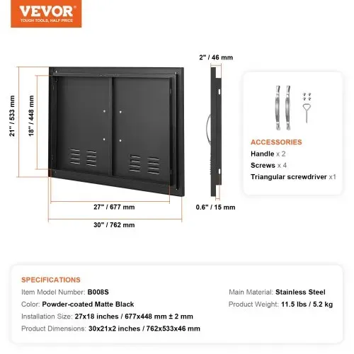 VEVOR Grill-Zugangstür, 762 x 533 x 46 mm, Doppelte Außenküchentür, Flächenbündig Montierte Kaltplattentür, Vertikale Wandtür mit Griffen und Lüftungsschlitzen, für Grillinsel, Grillstation usw. – Bild 6