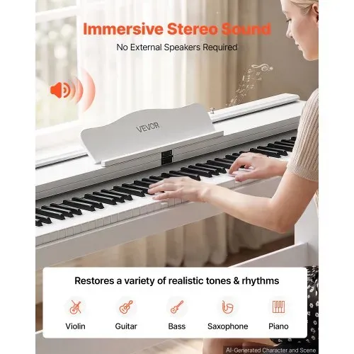 VEVOR Digitalpiano 88 Halbgewichtete Tasten E-Piano HiFi-Lautsprecher Weiß für Anfänger, mit 128 Klängen, 128 Rhythmen, USB, MIDI, Audioausgang, Standard-3,5-mm-Kopfhörerbuchse, Notenhalter und Pedal – Bild 4