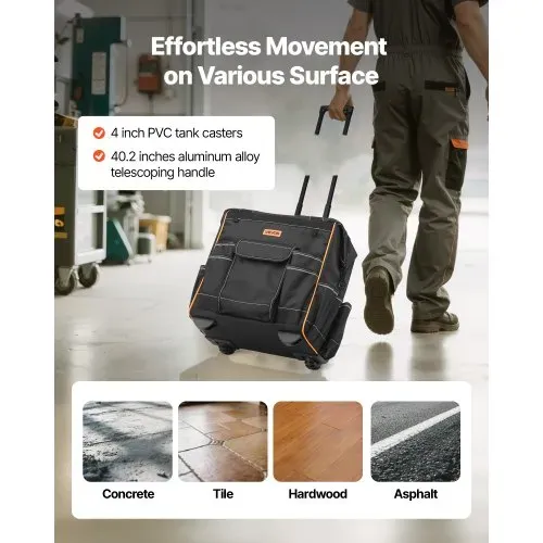 VEVOR Werkzeugtasche mit Rollen, 50 kg Tragkraft, 25 Taschen, Arbeitsrucksack, verstellbarer Teleskopgriff & stabiler Standfuß, Werkzeugtaschen-Organizer für Bau, Mechanik, 390x290x420 mm – Bild 3