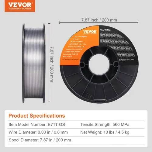VEVOR 1 Rolle Fülldraht E71T-GS 0,8 mm 4,5 kg MIG/MAG-Schweißdraht 200 mm Spulendurchmesser Schweißdrahtrolle 560 Mpa Zugfestigkeit Fülldrahtschweißen ohne Schutzgas – Bild 6