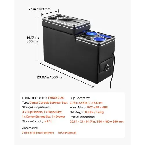 VEVOR Mittelkonsole 15 W 7-Farben LED Auto-Organizer zwischen den Sitzen für Smartphones und Elektronikgeräte, 5 V/3 A QC, 5 V/3 A PD-Typ-C, 12-24-V-Buchse, 3 Getränkehalter, Staufach und Schublade – Bild 6