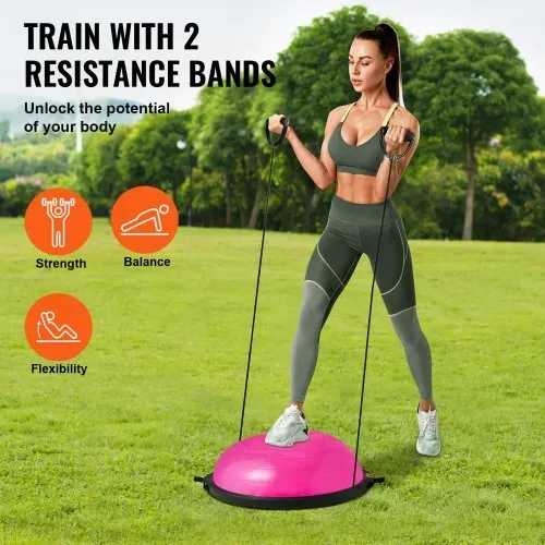 VEVOR Halb-Gymnastikball-Trainer, 66 cm Balance-Ball-Trainer, 680 kg Tragkraft Stabilitätsball, Yoga-Ball mit Widerstandsbändern & Fußpumpe, Yogaball Kraft-Fitnessball im Heim-Fitnessstudio, Rosa – Bild 2