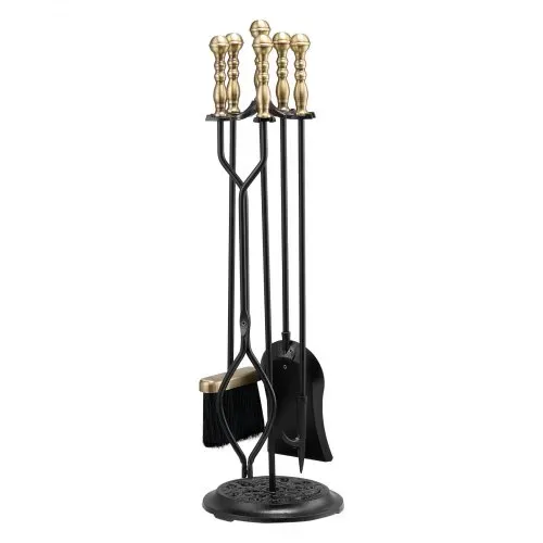 VEVOR Kaminbesteck-Set, 5-teiliges Ofenbesteck-Set, fünfzackiger Ständer, Zange, Ascheschaufel, Bürste, Schürhaken, Kaminzubehör aus Schmiedeeisen für drinnen und draußen, Schwarz und Messing – Bild 8