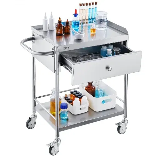 VEVOR Zweistöckiger Laborwagen Gerätewagen Medizintechnik Servierwagen 201 Edelstahl Tragbar Abräumwagen mit Schubladen 100 kg Tragfähigkeit, 710 x 421 x 785 mm (mit Griff) Labor Rollwagen – Bild 9