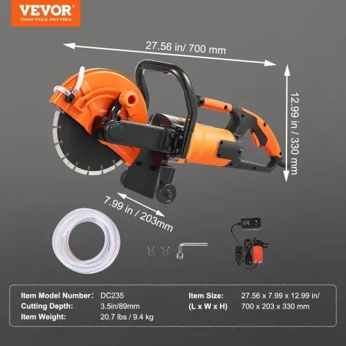 VEVOR Elektrische Betonsäge, 230 mm, Hochleistungs-Kreissäge 2000 W, Schnitttiefe 89 mm, Nass-/Trocken-Scheibensäge mit Wasserrohr, Wasserpumpe, Sägeblatt, für Stein und Ziegel – Bild 6