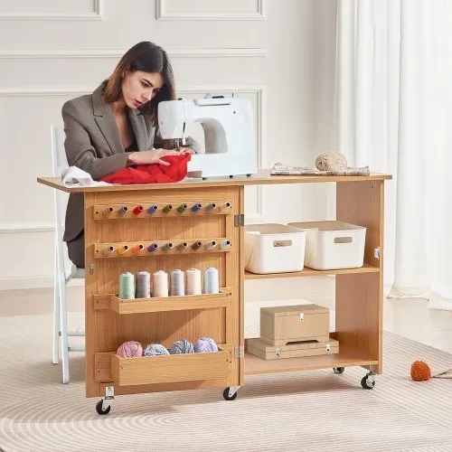 VEVOR klappbarer Nähtisch Mehrzweck Nähmaschinentisch mit Rädern & Regalen & Ablagefächern & Holzstiften & magnetischen Türen, Nähmaschine Holzfarbe faltbar (1170 x 400 x 778 mm) – Bild 7