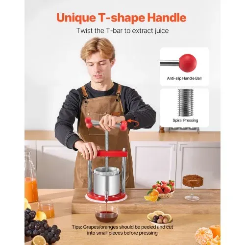 VEVOR Obstweinpresse Obstmühle Apfelmühle (1,65 L) mit 2 Edelstahlfässer, manueller Entsafter, Apfelweinpresse Saftpresse Apfelpresse Traubenpresse Olivenölpresse mit T-Griff für Küche – Bild 3