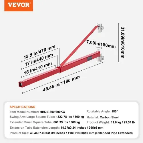 VEVOR Elektrischer Hebezeug-Stützarm 600 kg Tragkraft, elektrischer Hebezeughalter-Schwenkarm Stahlhebezeugrahmen 180° schwenkbarer Gerüsthebezeug-Hebearm Windenhebezeugarm zum Heben Werkstatt Garage – Bild 6