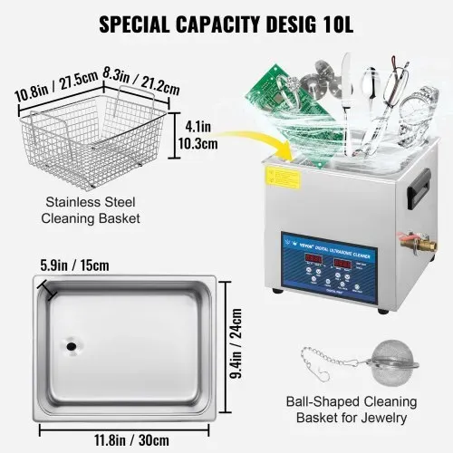 VEVOR Ultraschallreiniger 10L, Ultraschall Reinigungsgerät 260W , Zweifrequenz-Ultraschallreiniger, Schmuckreiniger Ultraschall Ultraschallreiniger Ultraschallreinigungsgerät Brille mit LED-Bildschirm – Bild 5