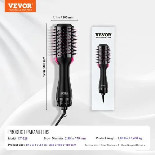 VEVOR Warmluftbürste Set, 4-in-1 Airstyler, Hairstyler mit 75 mm ovalem Zylinder mit Keramikbeschichtung und 3 Heizstufen, professionelle Heißluft-Stylingbürste zum Glätten, Trocknen und Locken – Bild 6
