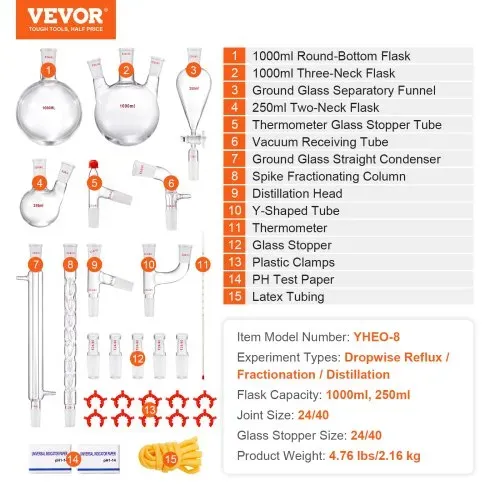 VEVOR Labor-Destillationsset, 3,3-Boro-Laborglas-Destillationsset mit 24- und 40-Verbindungen, 1000-ml-Destillationsgeräte-Set für Ätherische Öle, 29-teiliges Set mit Glaswaren – Bild 6