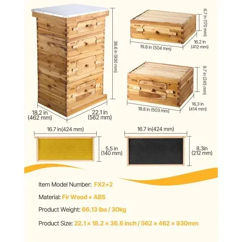VEVOR Bienenstock, 40 Rahmen, Zander Beute, mit Bienenwachs beschichtetes Tannenholz, 2 tiefe + 2 mittelgroße Bienenkästen, Langstroth-Bienenstock-Set, transparente Acrylfenster mit Fundamenten – Bild 6