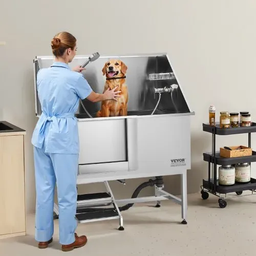 VEVOR Hundewaschstation Edelstahl, 1270x700x1545 mm Tierpflegewanne mit Treppe, PE-Wasserfilterplatte, Wasserhahn, Duschkopf & Seifenhalter, für große, mittelgroße & kleine Haustiere (linke Tür) – Bild 7
