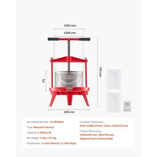 VEVOR Obstweinpresse Obstmühle Apfelmühle (9 L), Edelstahlkorb mit dreieckiger Struktur, manueller Entsafter, manuelles Mahlwerk, Apfelweinpresse Traubenpresse mit T-Griff für Küche Zuhause – Bild 6
