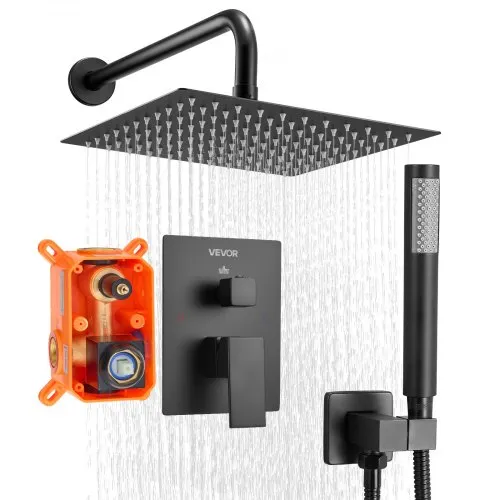 VEVOR Duscharmatur Regenduschsystem fürs Badezimmer Duschsystem mit 254 mm quadratischen Regenduschkopf & Handbrause, wandmontierte Badezimmerarmaturen mit Messingventil & Zierset, Mattschwarz VEVOR Duscharmatur Regenduschsystem fürs Badezimmer Duschsystem mit 254 mm quadratischen Regenduschkopf & Handbrause, wandmontierte Badezimmerarmaturen mit Messingventil & Zierset, Mattschwarz