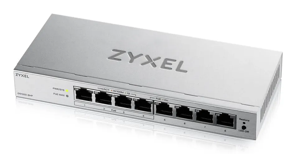 Zyxel GS1200-8HPV3 Managed L2 Gigabit Ethernet (10/100/1000) Power over Ethernet (PoE) Desktop Grau Zyxel GS1200-8HPV3 Managed L2 Gigabit Ethernet (10/100/1000) Power over Ethernet (PoE) Desktop Grau