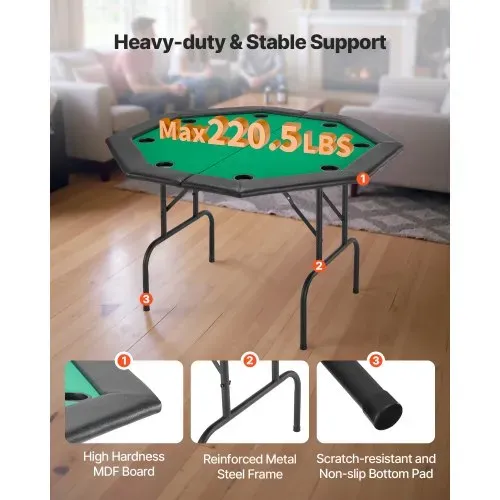 VEVOR klappbarer Pokertisch für 8 Spieler (126 cm) Kasino-Freizeittisch mit gepolsterten Schienen & Getränkehaltern, achteckige tragbare Spieltische mit Filz- und Metallbeinen, Texas Hold’em Poker – Bild 5