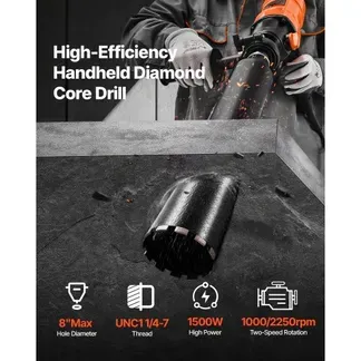 VEVOR Diamantkernbohrmaschine Kernbohrgerät, 20 cm max. Bohrdurchmesser, Nass Trocken Hand-Diamantbohrer mit 4 Bohrern & 2 einstellbarer Drehzahlen (1000 / 2250 U/min) für Beton Ziegel Stein, 1500 W VEVOR Diamantkernbohrmaschine Kernbohrgerät, 20 cm max. Bohrdurchmesser, Nass Trocken Hand-Diamantbohrer mit 4 Bohrern & 2 einstellbarer Drehzahlen (1000 / 2250 U/min) für Beton Ziegel Stein, 1500 W