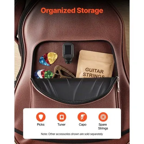 VEVOR Gitarrentasche für 41-Zoll-Akustikgitarren mit Außenzubehörfach Braun, Gitarrenrucksack mit Schaumstoffpolsterung, Tragegriff und Schultergurten, 1195 mm Gig Bag aus PU-Leder – Bild 4