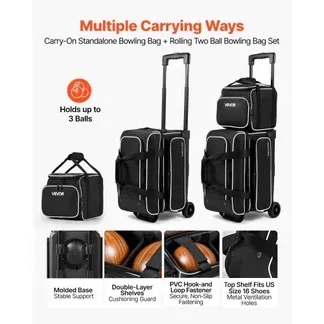 VEVOR 1 Bowlingtasche mit Rollen + 1 Bowlingtasche (Mini) für 2+1 Kugeln 600D Oxford Weiß Schwarz, für Schuhe bis US-Größe 16 und Zubehör, mit Teleskopgriff (bis zu 1016 mm) und Doppellagigen Ablagen VEVOR 1 Bowlingtasche mit Rollen + 1 Bowlingtasche (Mini) für 2+1 Kugeln 600D Oxford Weiß Schwarz, für Schuhe bis US-Größe 16 und Zubehör, mit Teleskopgriff (bis zu 1016 mm) und Doppellagigen Ablagen