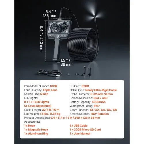 VEVOR Triple Lens Endoskopkamera mit Licht, Inspektionskamera mit 5 Zoll Bildschirm 10 m Kabel & 5000mAh Akku, 8 mm Rohrkamera mit 8X Zoom & IP67, Boroskopkamera mit Handgriff für Auto Rohre Abfluss – Bild 6