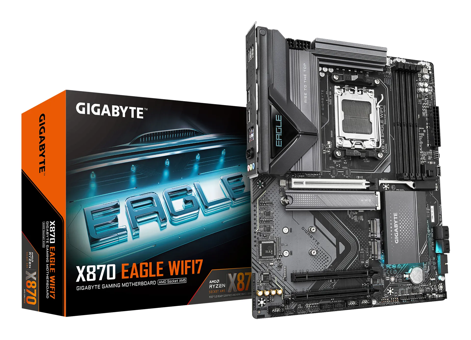 GIGABYTE X870 EAGLE WIFI7 Mainboard – Unterstützt AMD Ryzen 9000 CPUs, 14+2+2 Phasen VRM, bis zu 8000MHz DDR5 (OC), 1xPCIe 5.0 + 2xPCIe 4.0, Wi-Fi 7, 2.5GbE LAN, USB 4 GIGABYTE X870 EAGLE WIFI7 Mainboard – Unterstützt AMD Ryzen 9000 CPUs, 14+2+2 Phasen VRM, bis zu 8000MHz DDR5 (OC), 1xPCIe 5.0 + 2xPCIe 4.0, Wi-Fi 7, 2.5GbE LAN, USB 4