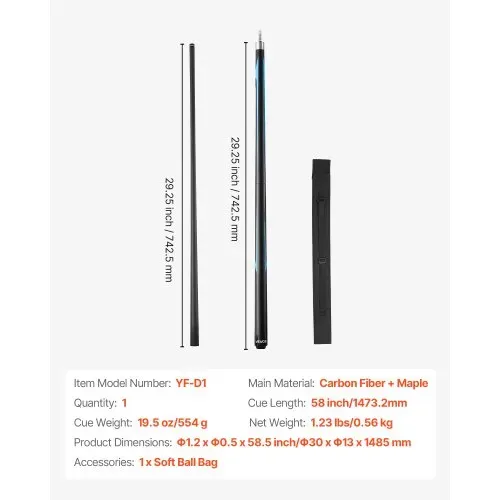 VEVOR Billardqueue 1 Stk. (1473,2 mm / 554 g) aus Kohlefaser + Ahorn, Billardstock mit zweistufigem Design geeignet für Bar Zuhause Büro Anfänger Billardliebhaber, Jump Break Billardqueue – Bild 6