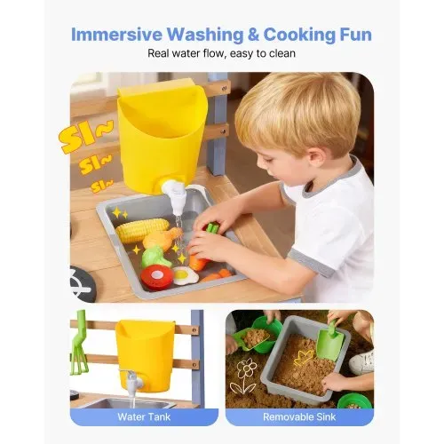 VEVOR Spielküche, Kinderküche, Spielzeugküche aus Holz mit Pflanzkasten, Wassertank, Spülbecken, Kochgeschirr & Zubehör, Holzküche für Rasen & Garten, für Kinder ab 3 Jahren, 1060x370x995mm – Bild 5