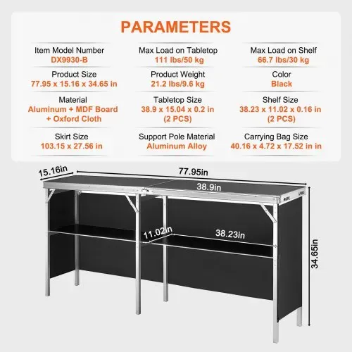 VEVOR Tragbare Messetheke Messetresen, 198 × 38,5 × 88 cm Messestand Ausstellungs-Thekenständer, Faltbarer Promotion-Bartisch Promotiontheke, Rezeptio mit Aufbewahrungsregal, Tragetasche, Schwarz – Bild 6