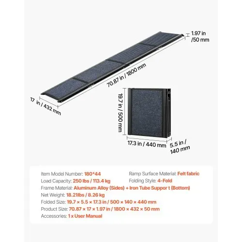 VEVOR Hunderampe, 180 x 43,2 cm, faltbare Hundeautorampe für mittelgroße & große Hunde bis 113 kg, Hundetreppe mit rutschfester Filzteppichoberfläche, tragbare Einstiegshilfe für SUV & LKW – Bild 6