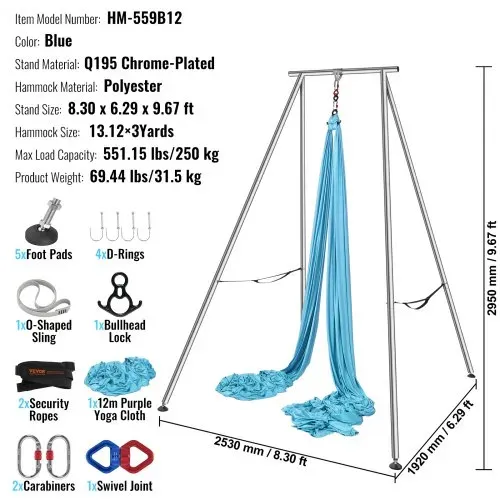 VEVOR Aerial Yoga Hängematte mit Yogarahmen 12 x 2,6 m, Blau Yoga Swing Air Fliegen, Yoga-Schaukel Hammock Swing 250 kg Max. Tragfähigkeit, inkl. Yoga-Socken & Fußpolster, Anti-Gravity-Übungen – Bild 6