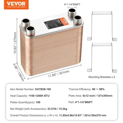 VEVOR 100 Plattenwärmetauscher 4x1-1/4Zoll MNPT-Anschluss 316L Edelstahl – Bild 6