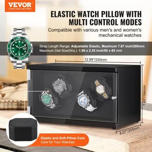 VEVOR Uhrenbeweger, Automatik-Uhrenbeweger, Watch Winder, Uhrenbeweger für Automatikuhren, Automatischer Uhrenbeweger mit Platz für 4 Uhren, LED Beleuchtung, Max. 20 cm Riemenlänge Schwarz VEVOR Uhrenbeweger, Automatik-Uhrenbeweger, Watch Winder, Uhrenbeweger für Automatikuhren, Automatischer Uhrenbeweger mit Platz für 4 Uhren, LED Beleuchtung, Max. 20 cm Riemenlänge Schwarz