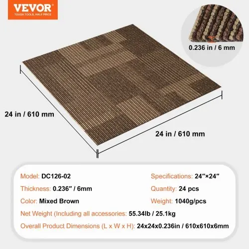 VEVOR Teppichfliesen, 610 x 610 mm, Teppichboden mit angebrachter Polsterung, weich gepolsterte Teppichfliesen, einfache DIY-Installation für Schlafzimmer und Wohnzimmer (24 Stk., gemischtes Braun) – Bild 6