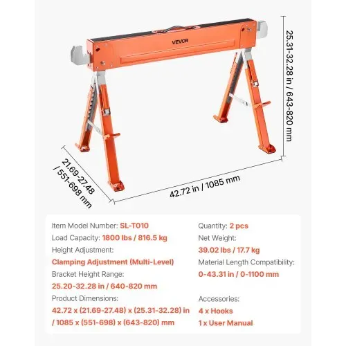 VEVOR Unterstellbock, 2er-Pack Arbeitsböcke, 816,5 kg, Klappbock mit klappbaren Beinen, höhenverstellbar, Sägebock mit rutschfesten Fußpolstern, für Holzarbeiten, Tischler & Bauunternehmer – Bild 6