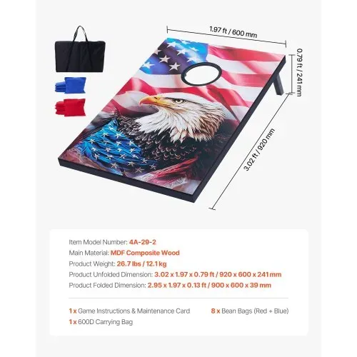 VEVOR Cornhole Spiel Set (920 x 600 x 241 mm) Cornhole-Spielbretter, tragbares Wurfbrett aus MDF-Holz, Cornhole-Spiel für Erwachsene, inkl. 8 Sitzsäcken & Tragetasche, für Garten Hinterhof Strand – Bild 6