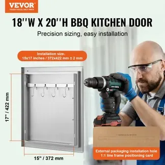 VEVOR Grill-Zugangstür, 457 x 508 mm, Einzelne Außenküchentür, Flächenbündig Montierte Edelstahltür, Vertikale Wandtür mit Griff und Haken, für Grillinsel, Grillstation, Außenschrank VEVOR Grill-Zugangstür, 457 x 508 mm, Einzelne Außenküchentür, Flächenbündig Montierte Edelstahltür, Vertikale Wandtür mit Griff und Haken, für Grillinsel, Grillstation, Außenschrank