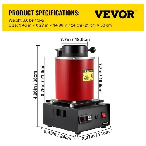 VEVOR Goldschmelzofen 1350 W 1150 ℃ Max. Temperatur, digitaler elektrischer Schmelzofen 3 kg Keramiktiegel mit Barrenmatrize & Handschuhen, zur Verarbeitung von Gold Silber Kupfer Aluminium rot – Bild 6