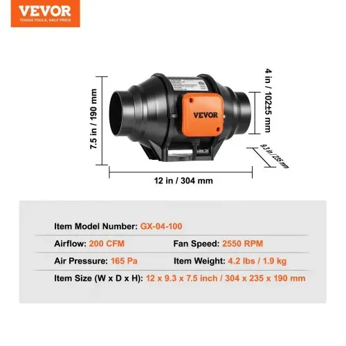 VEVOR Inline-Rohrventilator, 304 mm, Rauchabzug, 200 CFM mit variablem Drehzahlregler, leiser Abluftventilator mit AC-Motor für Kühlverstärker, Wachstumszelte, Hydrokultur – Bild 6